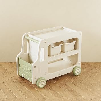 Kids Toy Organizer with Bins&Bookshelf Bus Theme Rolling Storage