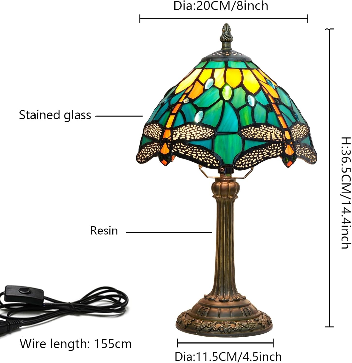 Tiffany Lamp Style Stained Glass Table Lamp Teal Dragonfly Green Bedroom Bedside Light for Office Dorm Bar Decor Retro Unique Cute fun Small Night Light Gift Aesthetic Accent Village Nightstand Lamps