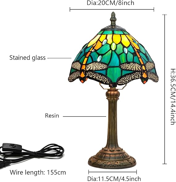 Tiffany Style Stained Glass Table Lamp Dragonfly Green Yellow Bedroom Bedside Reading Desk Light for Office Dormitory Bar Restaurant Decorate Retro Unique Cute Small Night Light Gift 8 inch [Energy Class F]