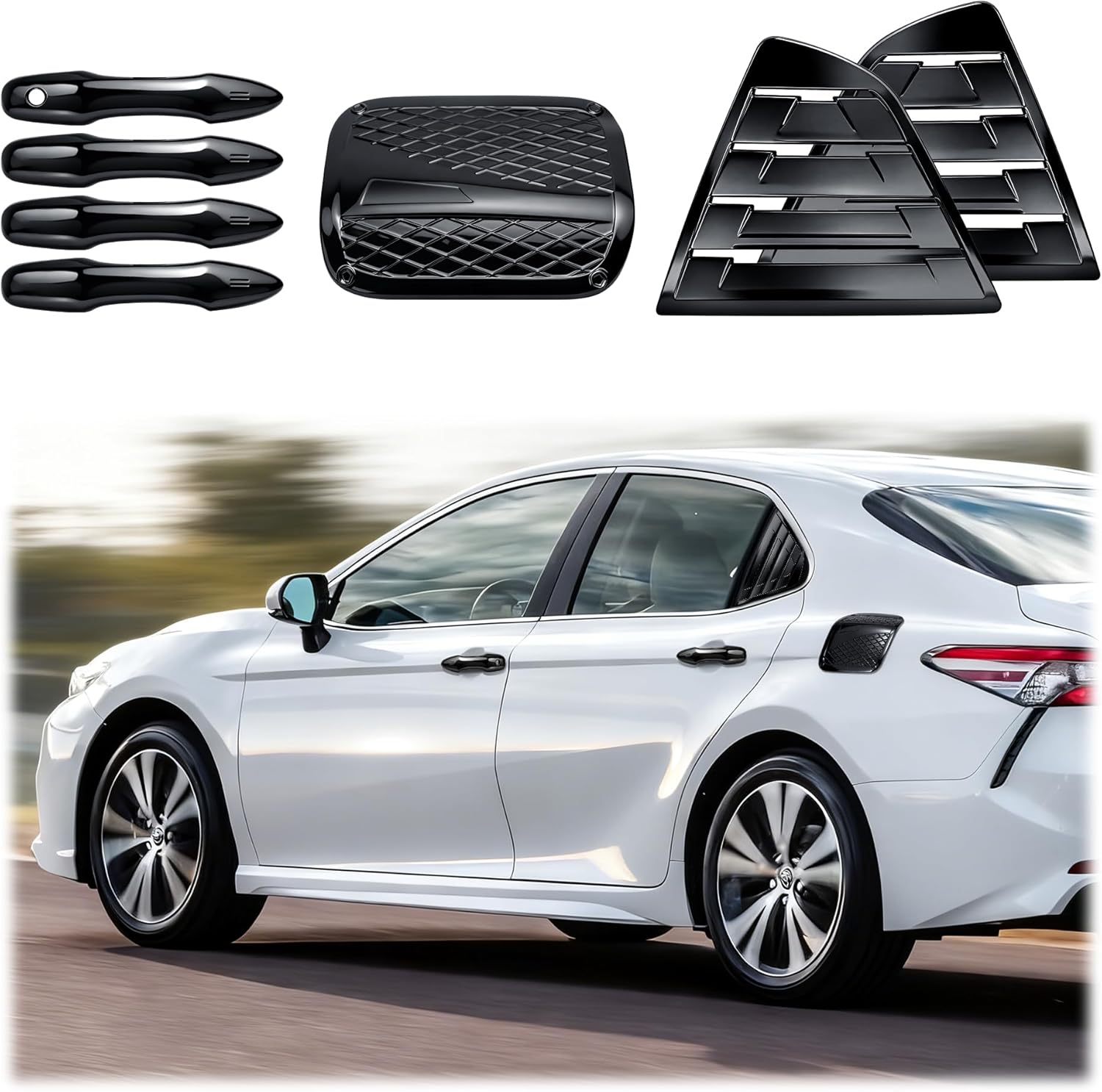 for Toyota Camry Accessories 2018-2024 (8th Gen), 7pcs Exterior Trim Kit - Door Handle Covers, Rear Side Window Louvers & Fuel Tank Cover (Glossy Black)