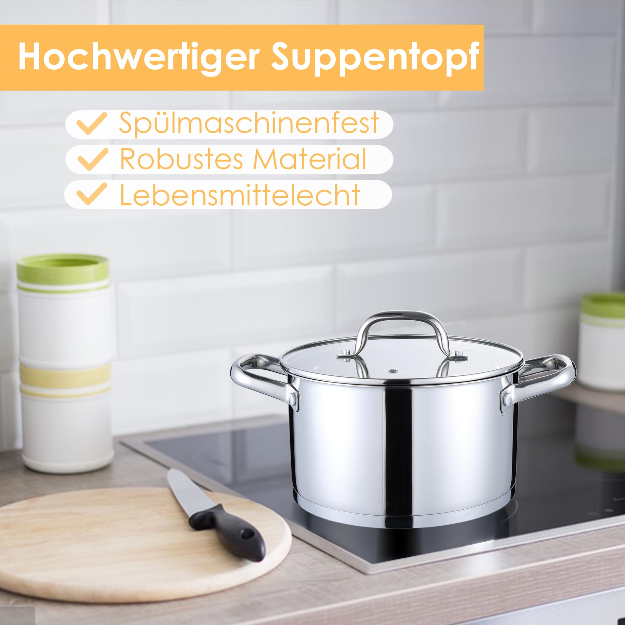 Herogo Pentola da 26 cm, 6,7 l, in acciaio inox, a induzione, con coperchio in vetro, per pasta e carne, per tutti i piani cottura, non verniciata e lavabile in lavastoviglie