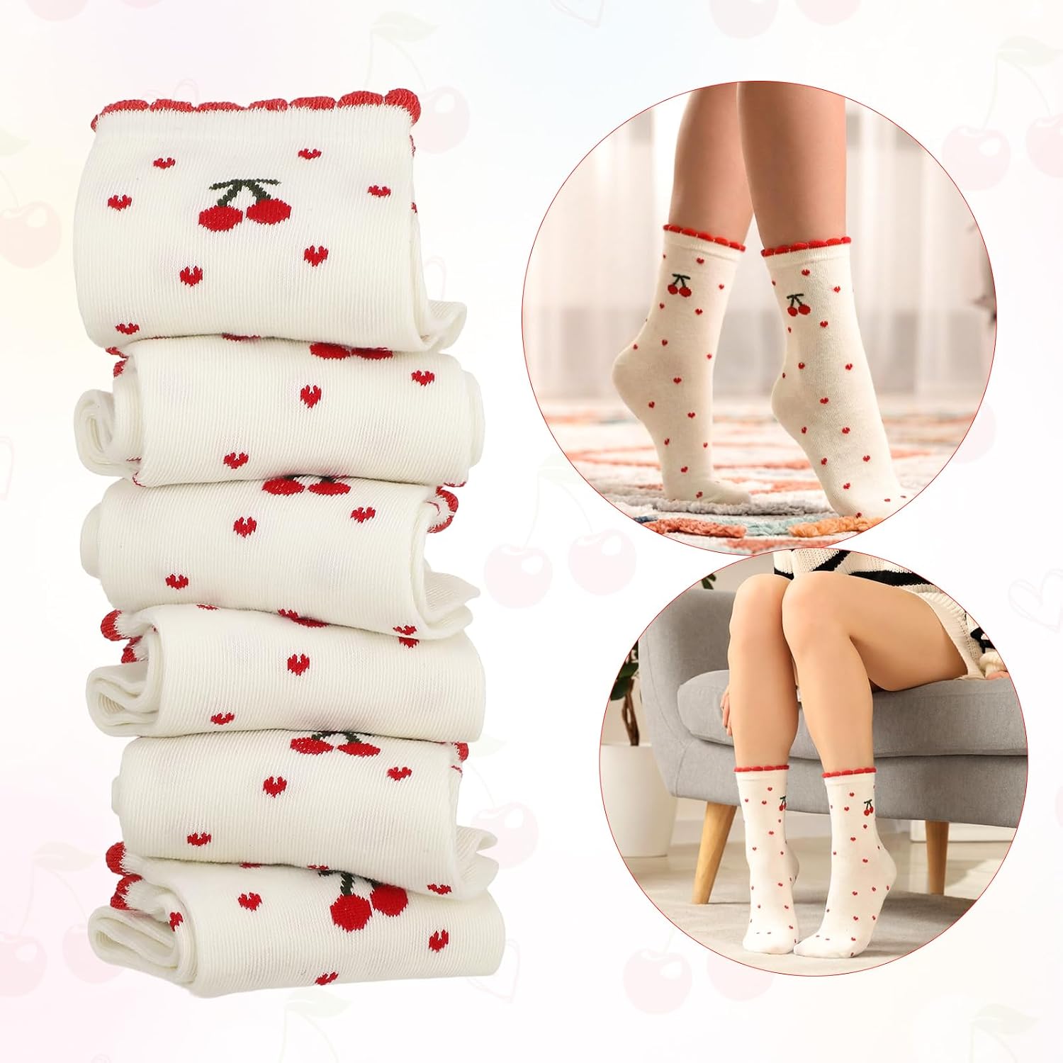 Ruffle Cute Socks for Women 6 Pairs, Frilly Crew Socks with Polka Dot Striped Solid Cherry Pattern Sock for Women