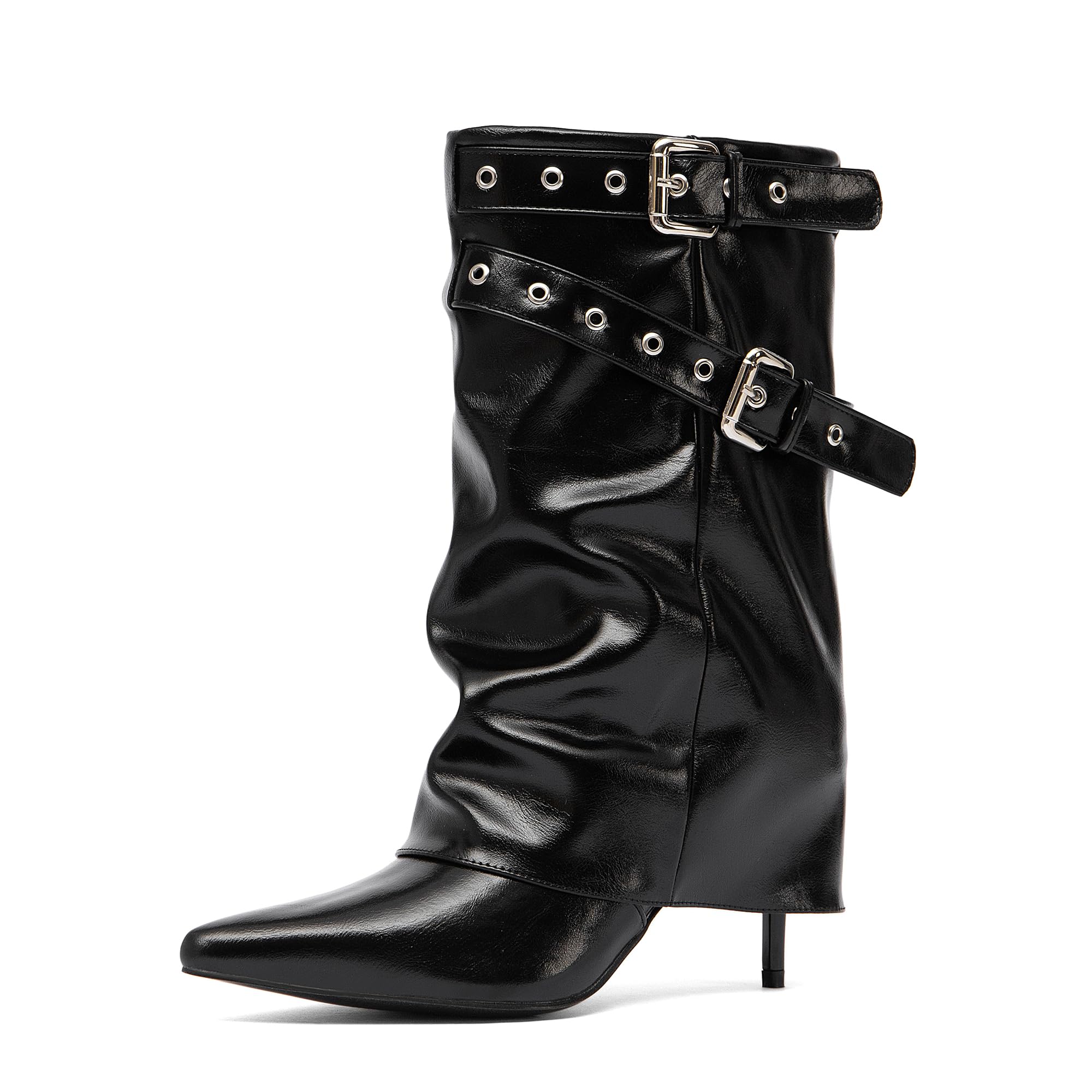 NEWBELLA Womens Punk Rock Combat Boots - Edgy Gothic Mid Calf Pointed Toe Boots with Buckle Ring Details