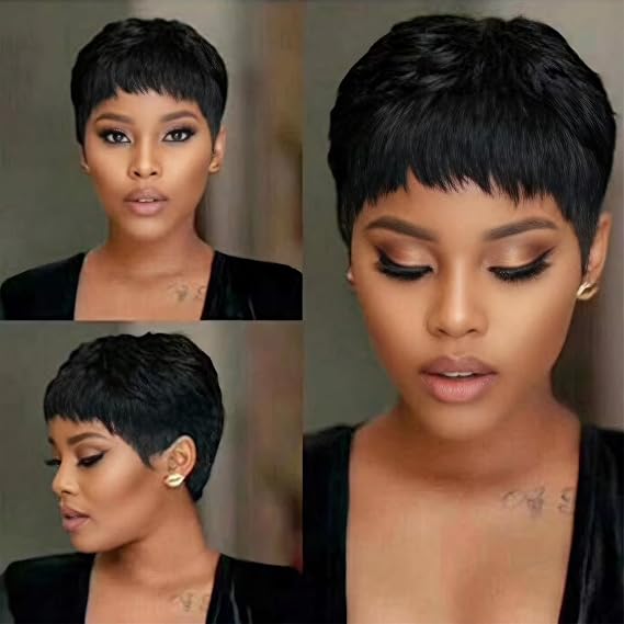 Pixie Cut Wig Hair Short Wigs for Black Women Hair Glueless Natural Look Pixie Cut Wig Lace Front Wig with Bangs Straight Short Hair Wigs 3 Inch Black