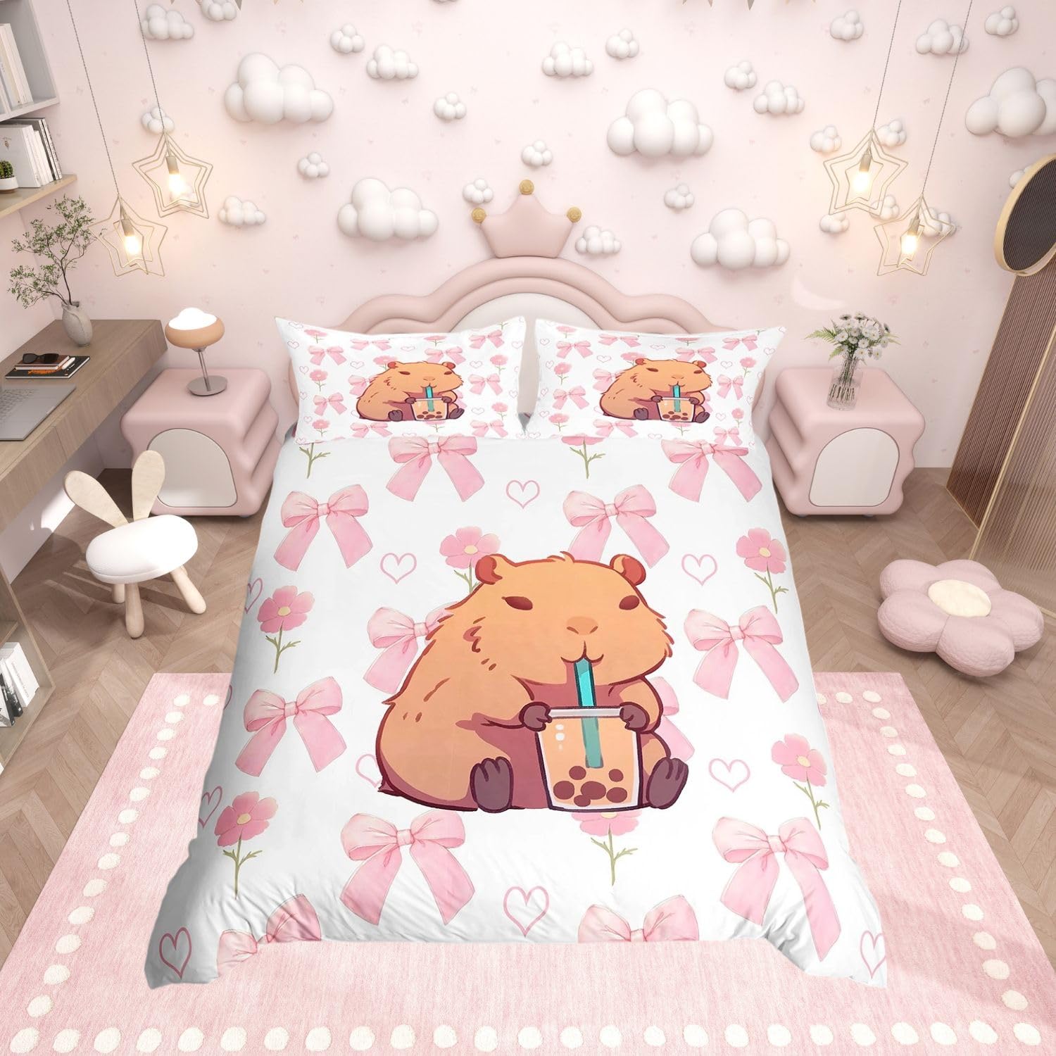Homewish Pink Bow Girl Single Duvet Cover Set Cute Capybara Bedding Set for Kids Girls, Kawaii Bowknot Flowers Quilt Cover Sweet Hearts Pattern Bed Sets with 1 Pillowcase, Cute Room Decor โ image 1