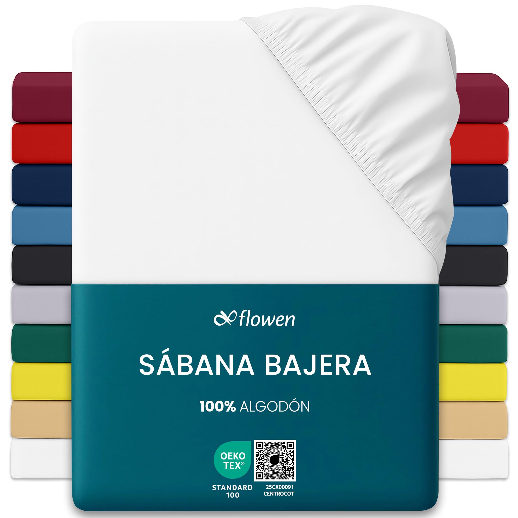 Flowen Sábana Bajera Ajustable Jersey 180x190cm 100% Algodón 150g/m² | Bajera Elástica Goma Perimetral Bolsillo Profundo 30cm | Oeko-Tex Certificada Suave Transpirable Antiarrugas (Blanco)