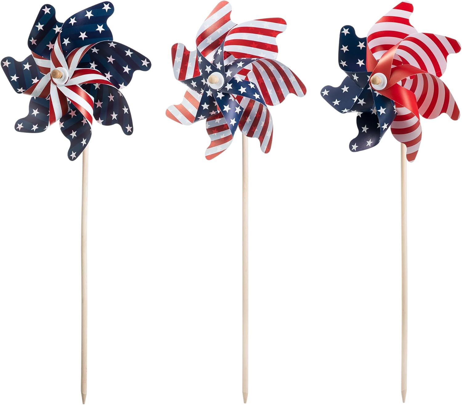 Glitzhome 3-Pack Patriotic Wind Spinners 32" Reflective American Flag Decor for 4th of July Yard & Garden Bird Deterrent Pinwheels