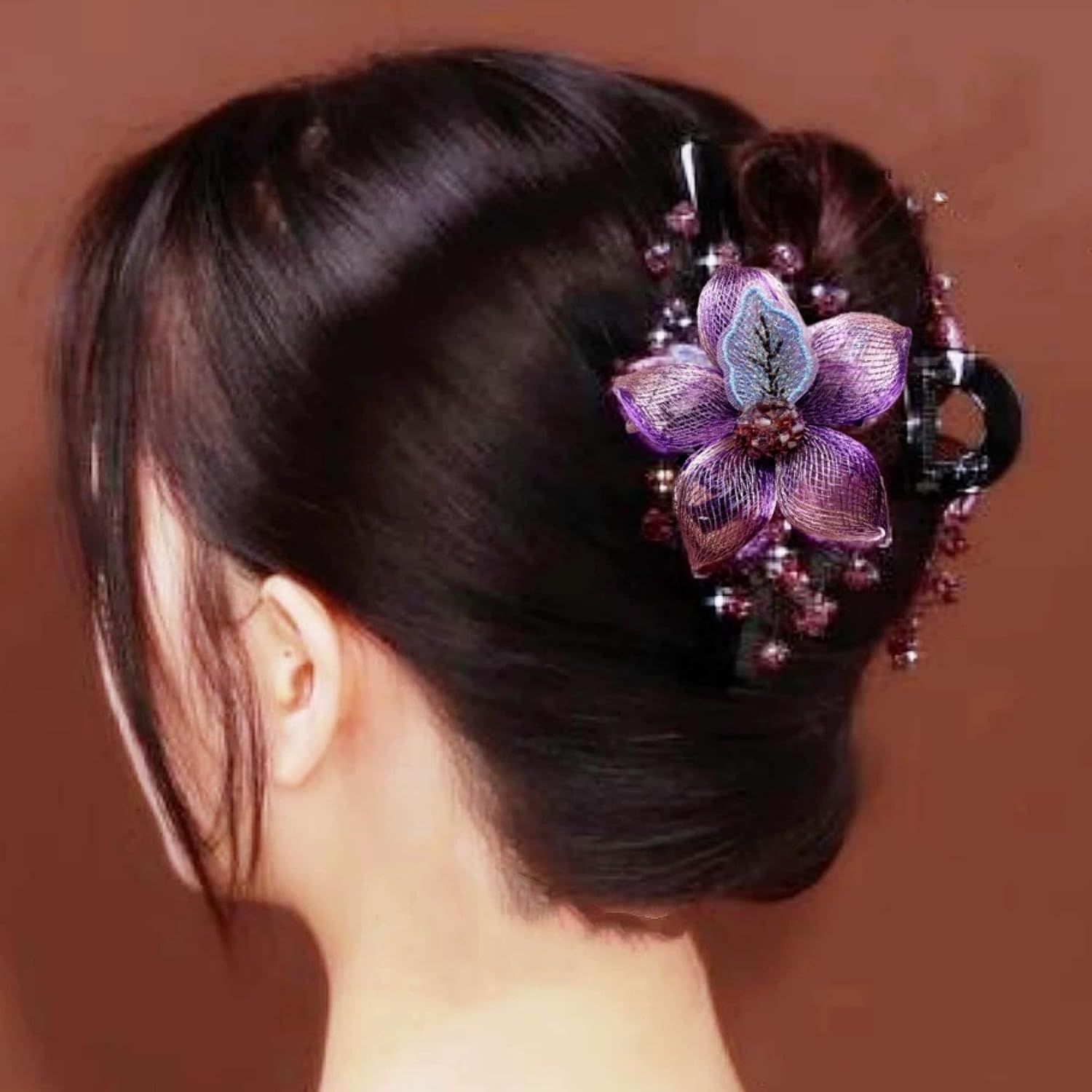 SINIDE Rhinestones Hair Clips, Hand-woven Copper Wire Flower Clip Barrette Plastic Crystal Claw Jaw Clamp Wedding Head Piece Styling Accessories for Women Ladies Thick Curly Hair (Purple)