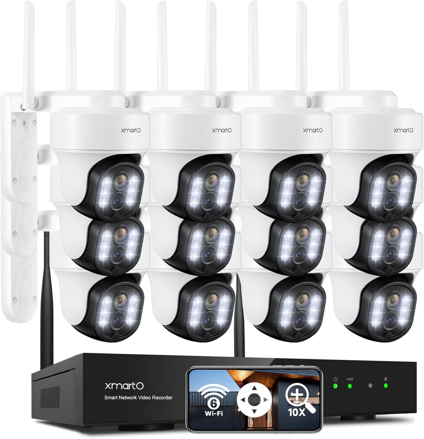 xmartO 10X Zoom Mesh WiFi6 PTZ AI Tracking Security Camera System, 12-Cam 2K Dual Lens Bundle, 16CH 4K WNP816-W6 NVR (No HDD), Long Range WiFi, Plug-in 24/7 Wireless Indoor/Outdoor Surveillance