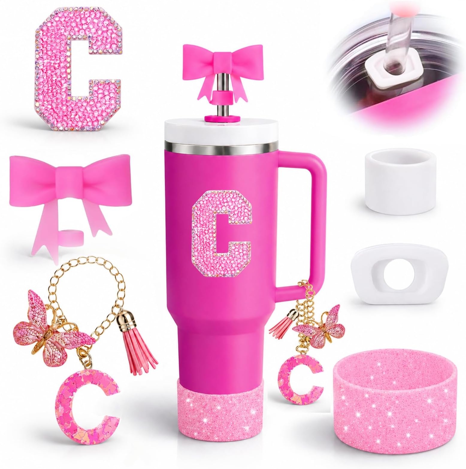 6PCS Pink Stanley Cup Accessories Set, Initials Decorations for Stanley Cup 30oz 40oz, Includes Bow Straw Topper, Handle Charm, Letter Sticker, Silicone Boot, Spill Proof Stopper (Letter C)