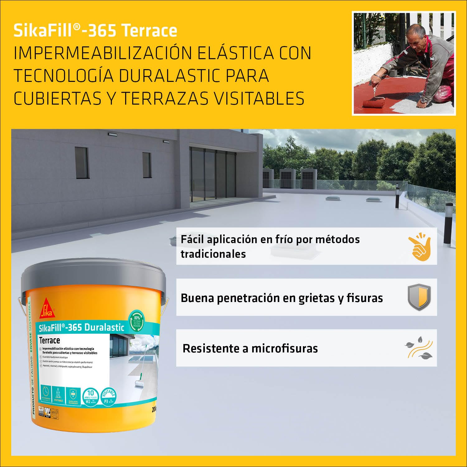 SIKA - Revestimiento acrílico - SikaFill 365 Terrace - Blanco - Impermeabilización para cubiertas y terrazas visitables - protección de paredes medianeras y puenteo de fisuras - 5kg