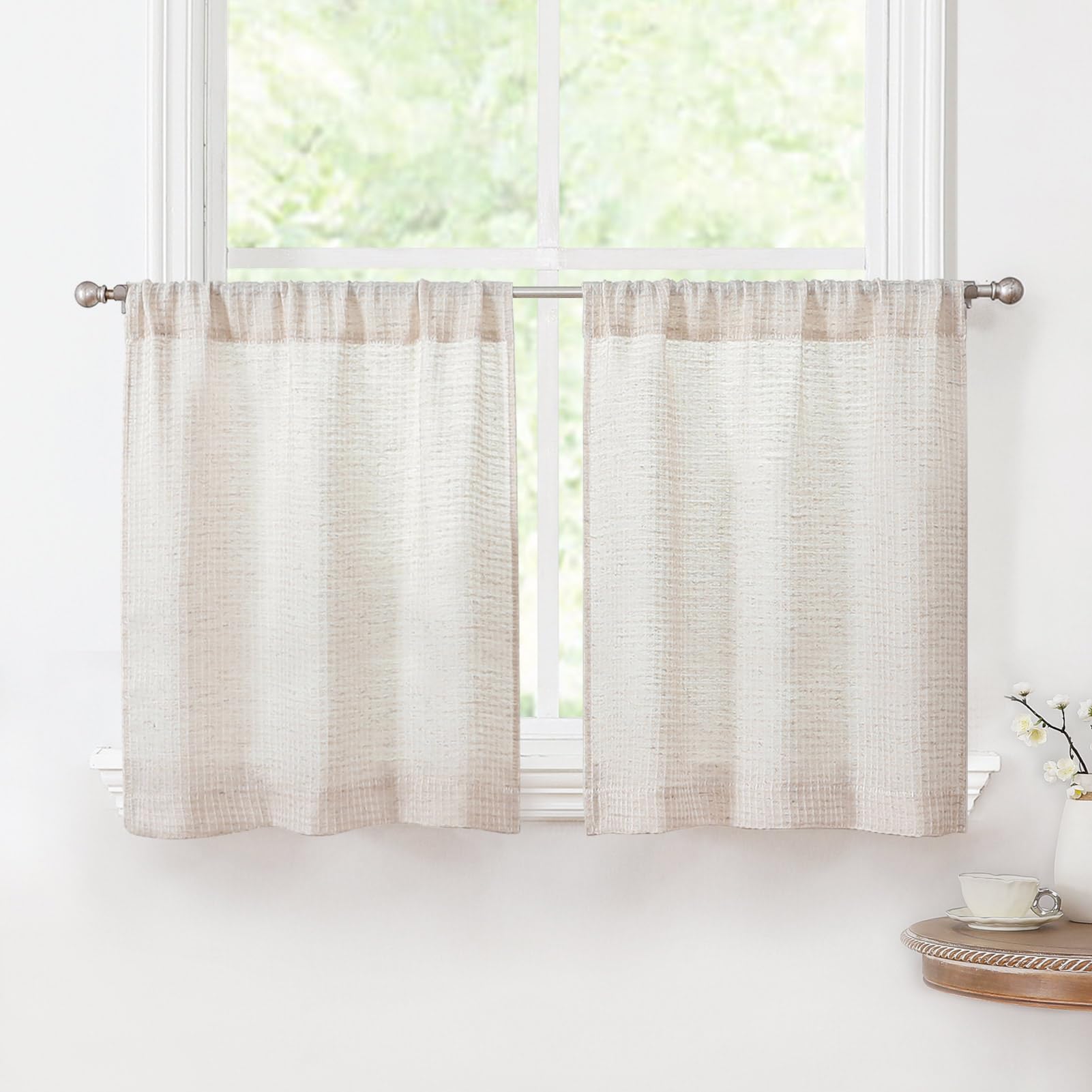 Valea HomeWaffle Linen Kitchen Curtains 24 Inch Length Rustic Farmhouse Crude Short Cafe Curtain Tiers for Small Window Bathroom Basement, Natural, 2 Panels