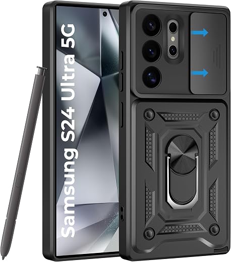 A rtistque Armor Bumper Back Cover Case for Samsung Galaxy S24 Ultra 5G | Ring Holder Stand | Sliding Camera Protection | ...