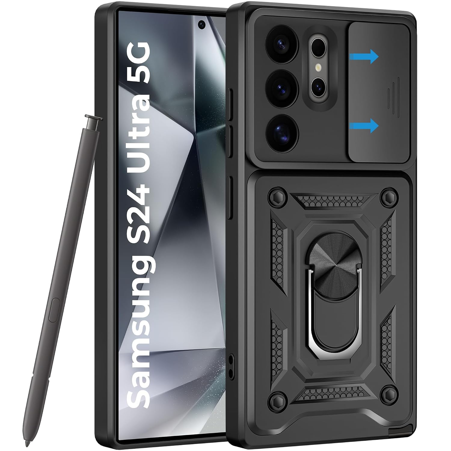 A rtistque Armor Bumper Back Cover Case for Samsung Galaxy S24 Ultra 5G | Ring Holder Stand | Sliding Camera Protection | ...