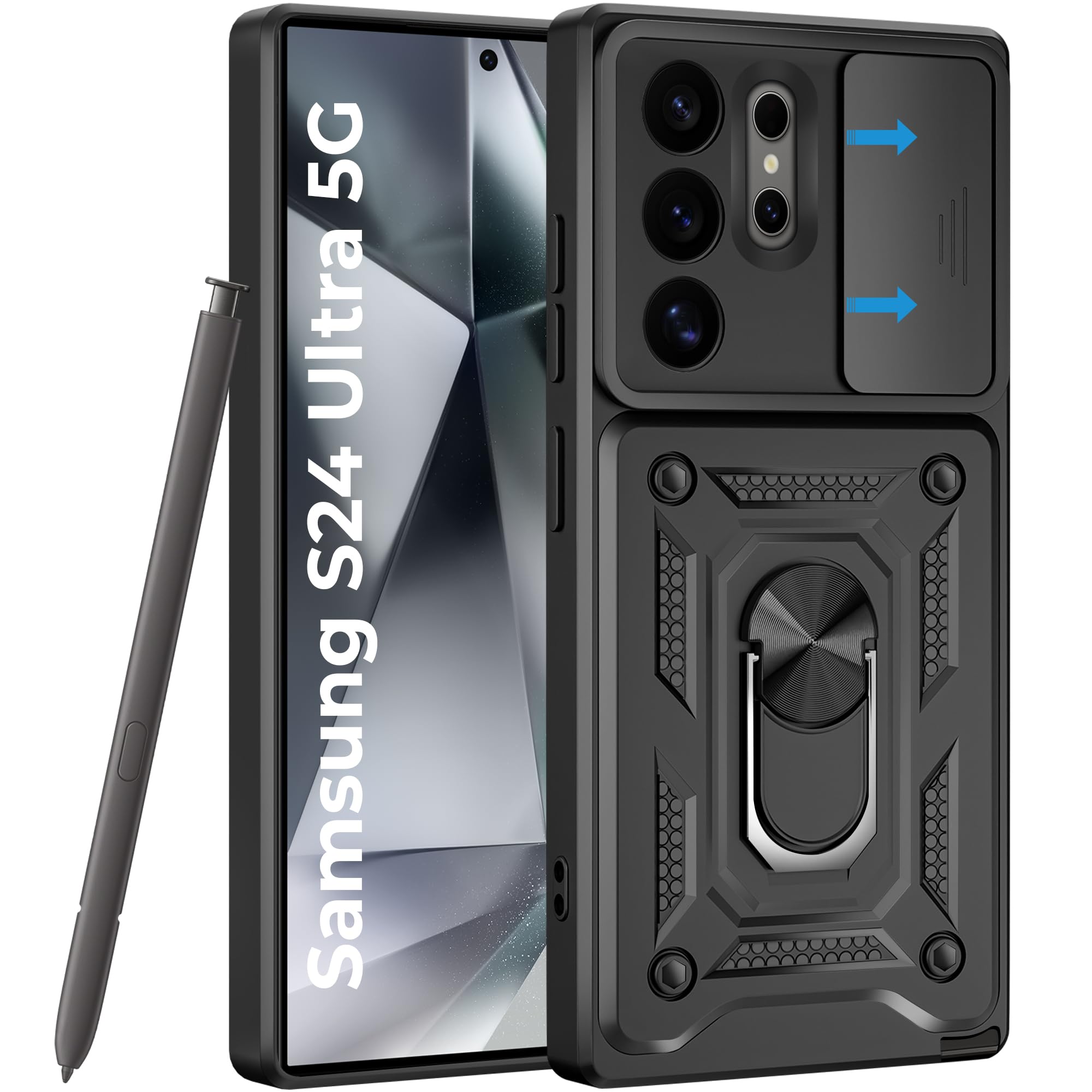 A rtistque Armor Bumper Back Cover Case for Samsung Galaxy S24 Ultra 5G | Ring Holder Stand | Sliding Camera Protection | Shockproof Rugged Design | Samsung S24 Ultra Back Cover - Black