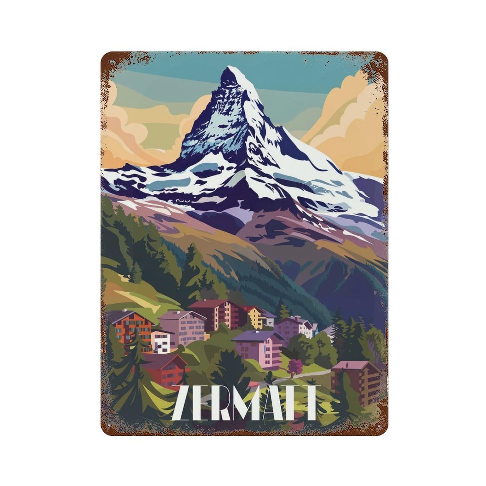 Zermatt Mountain Village Weathered Tin Sign 15.7"x11.8", Vintage Wall Decor for Garage, Pub Or Kitchen