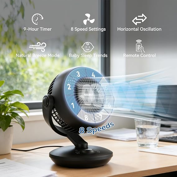 Fan for Bedroom with Remote,28dB Touch Control, Ultra Quiet Desk Fan, 9-Hour Timer, 70ft Powerful Airflow, 10-Inch High-Velocity Air Circulator Fan,8-Speed Oscillating Table Fan for Home, Dorm,Office