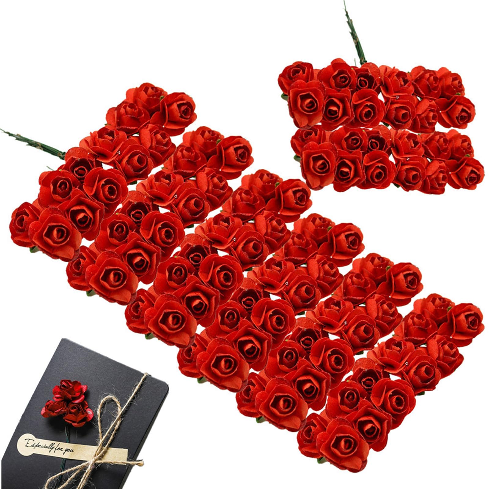 Photo 1 of 144 Pcs Artificial Mini Fake Rose Flower, Handmade Small Paper Flowers for Crafts Wedding Bouquet Mini Paper Flowers with Stems for DIY Crafts Gift Wreath Scrapbooking HairClips Decoration(Red)