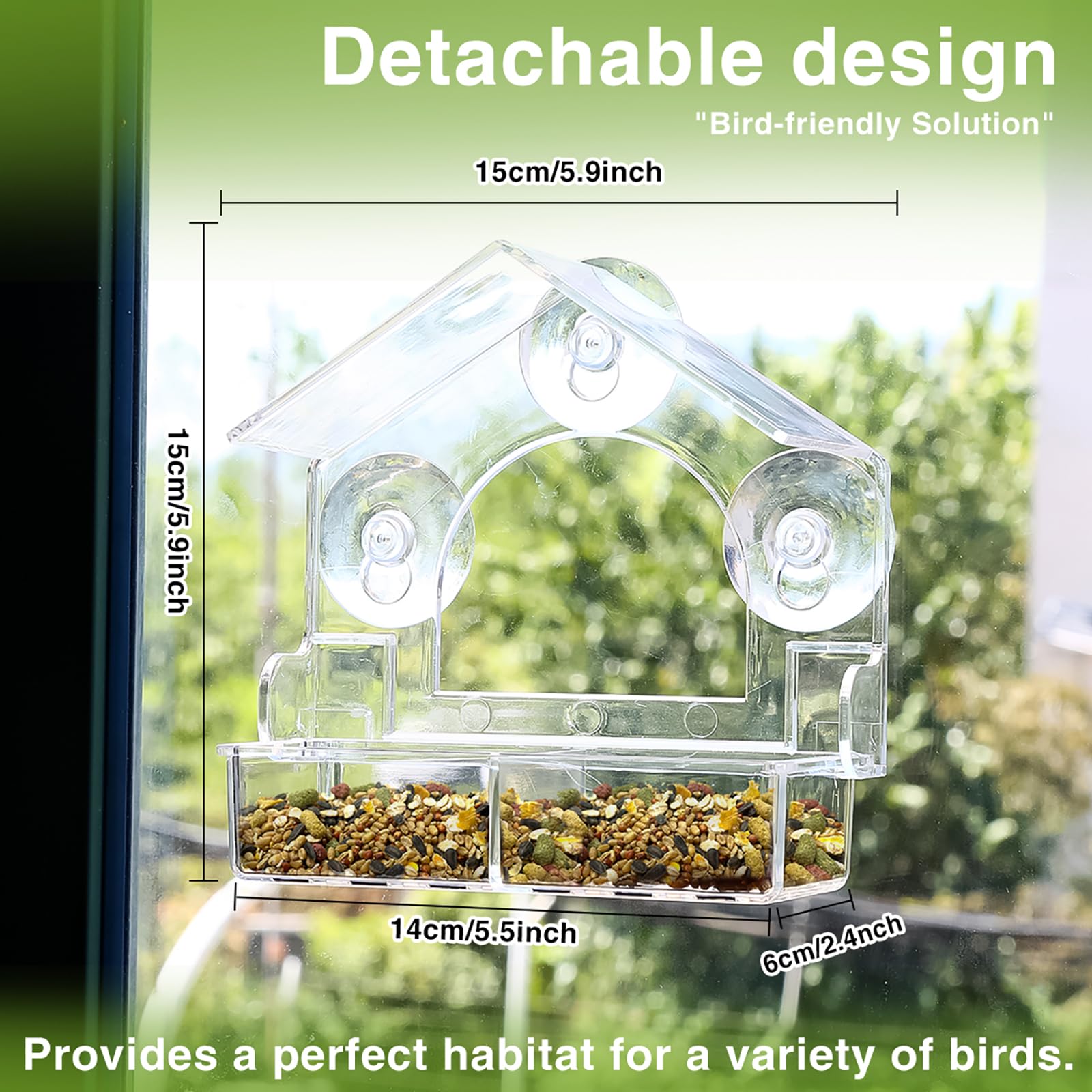 2 comederos para pájaros con ventana con 4 ventosas extrafuertes, comederos transparentes para pájaros, casa para pájaros para ver ventanas al aire libre, bandeja extraíble, casa de pájaros