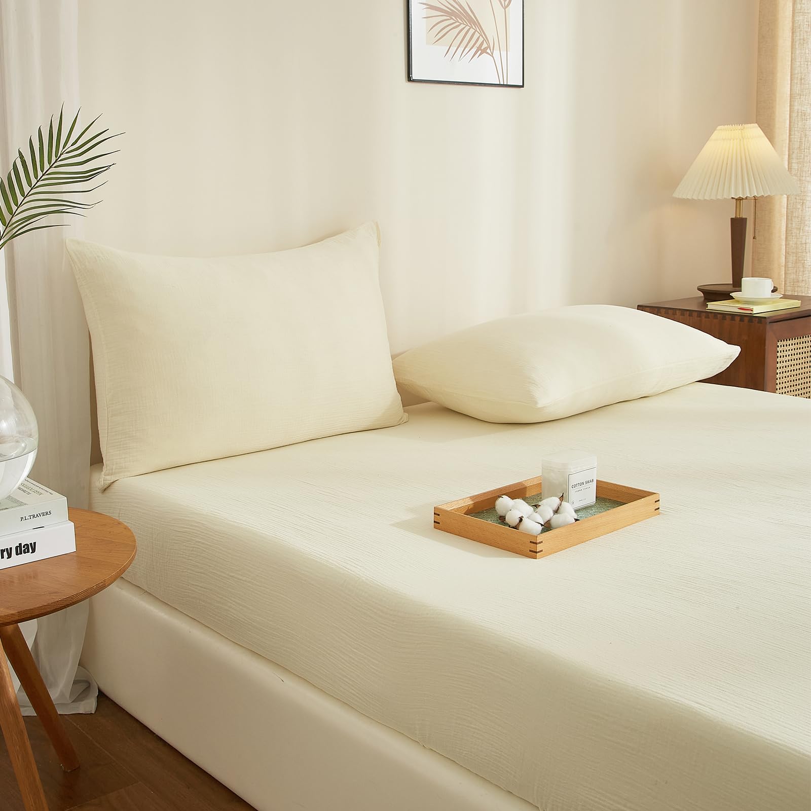 Boqingzhu Sábana bajera ajustable de algodón de muselina, 140 x 200 cm, color crema y blanco, transpirable, suave, con certificado Oeko-Tex, para colchón de 25 a 30 cm