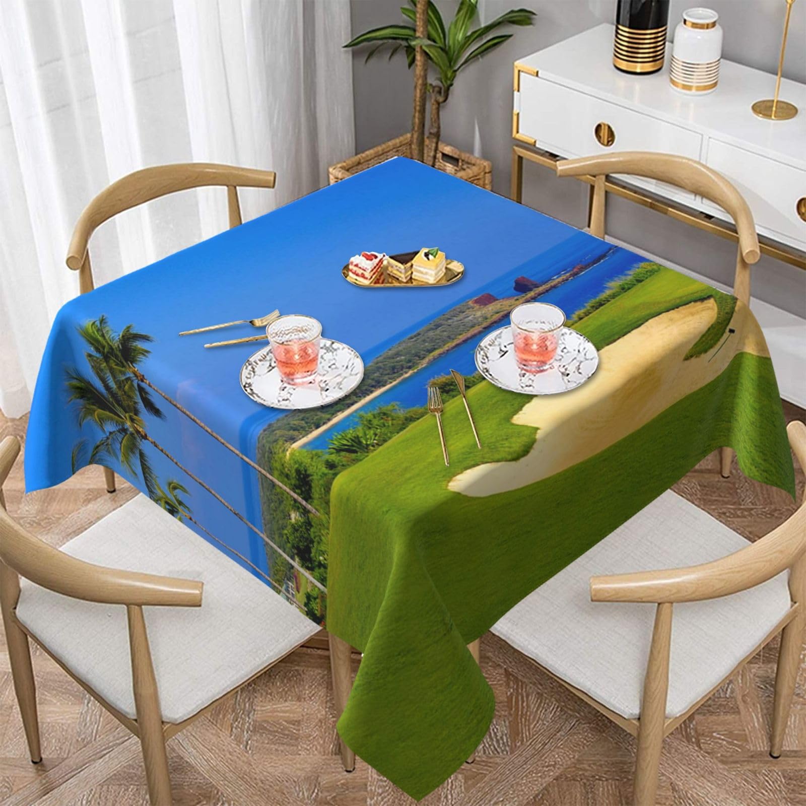 DCEHGEW golf course by the sea Prints Square Tablecloth 152x152 CM, Waterproof Fabric Table Cloth for Dining Table, Farmhouse Table Cover for Kitchen Dining Tabletop Decoration