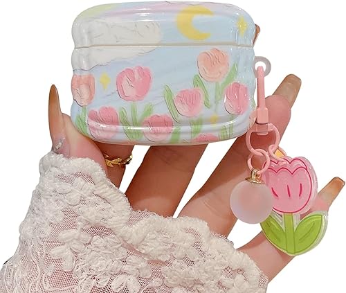 PHOEACC Bonita funda para Airpod Pro (no compatible con Airpod 3rd 2021) flor con llavero floral en forma de onda, funda protectora de TPU suave