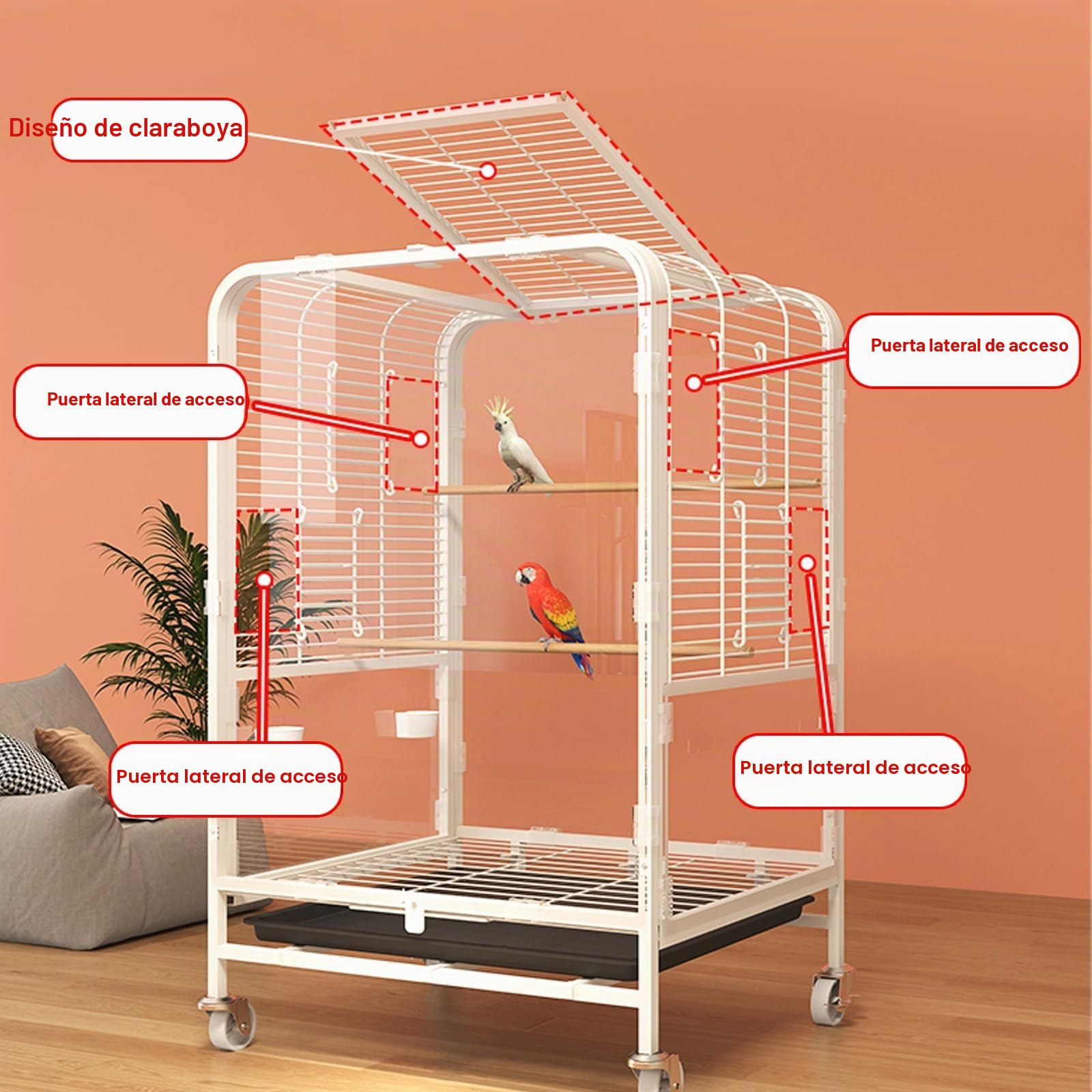 Jaula grande para pájaros de acero forjado de 76 cm para cacatúas, gris africano, cuáquero, amazónico, sol, periquitos, mejillas verdes, conures, palomas, loros, pájaros, jaula con soporte