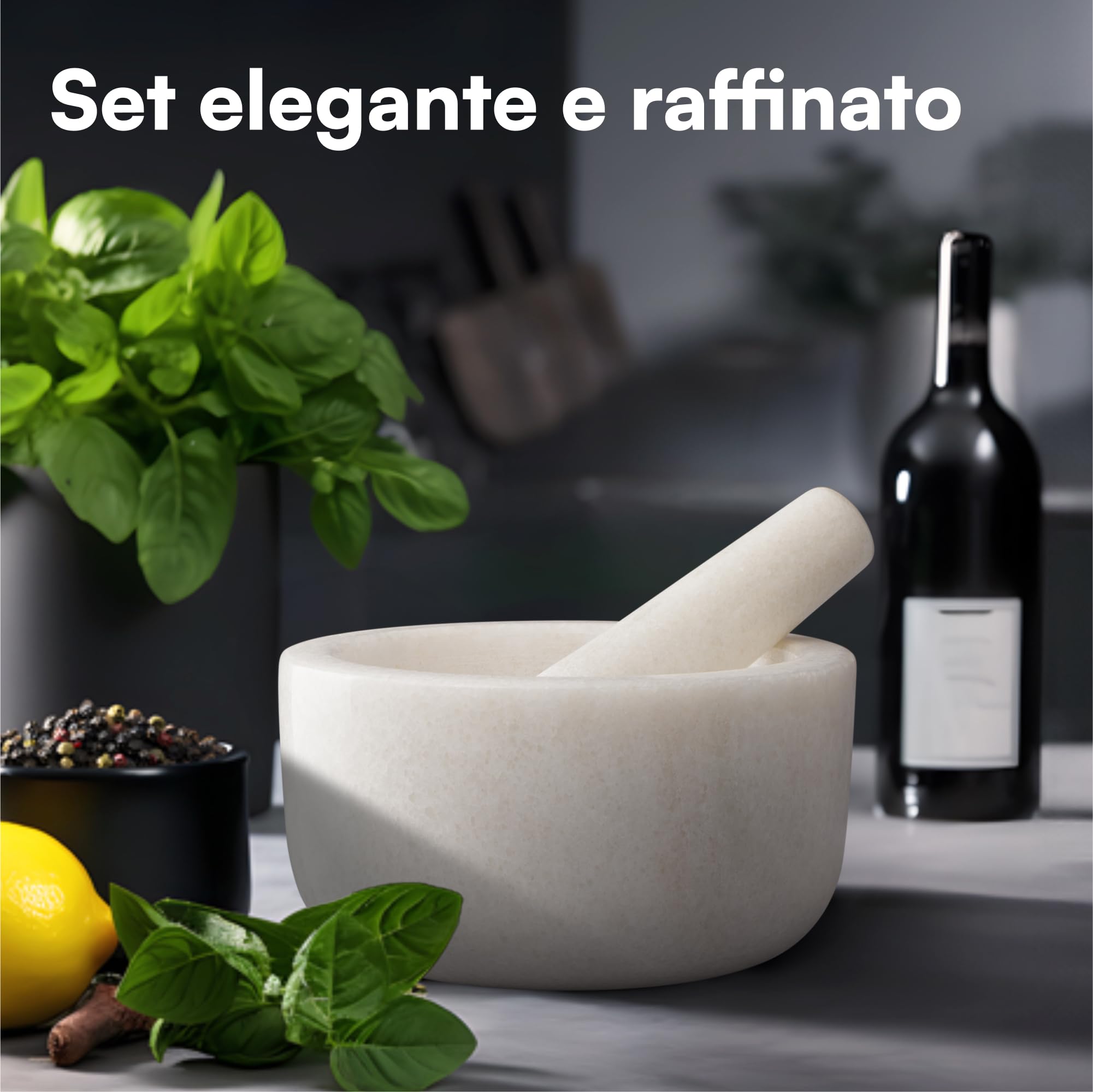 H&S Mortier Pilon Cuisine - Accessoire Cuisine en Marbre de 18 cm de Diamètre pour Broyage des Épices Guacamole Pesto Noix Mojito - Mortier et Pilon Concasseur a Grain Blanc