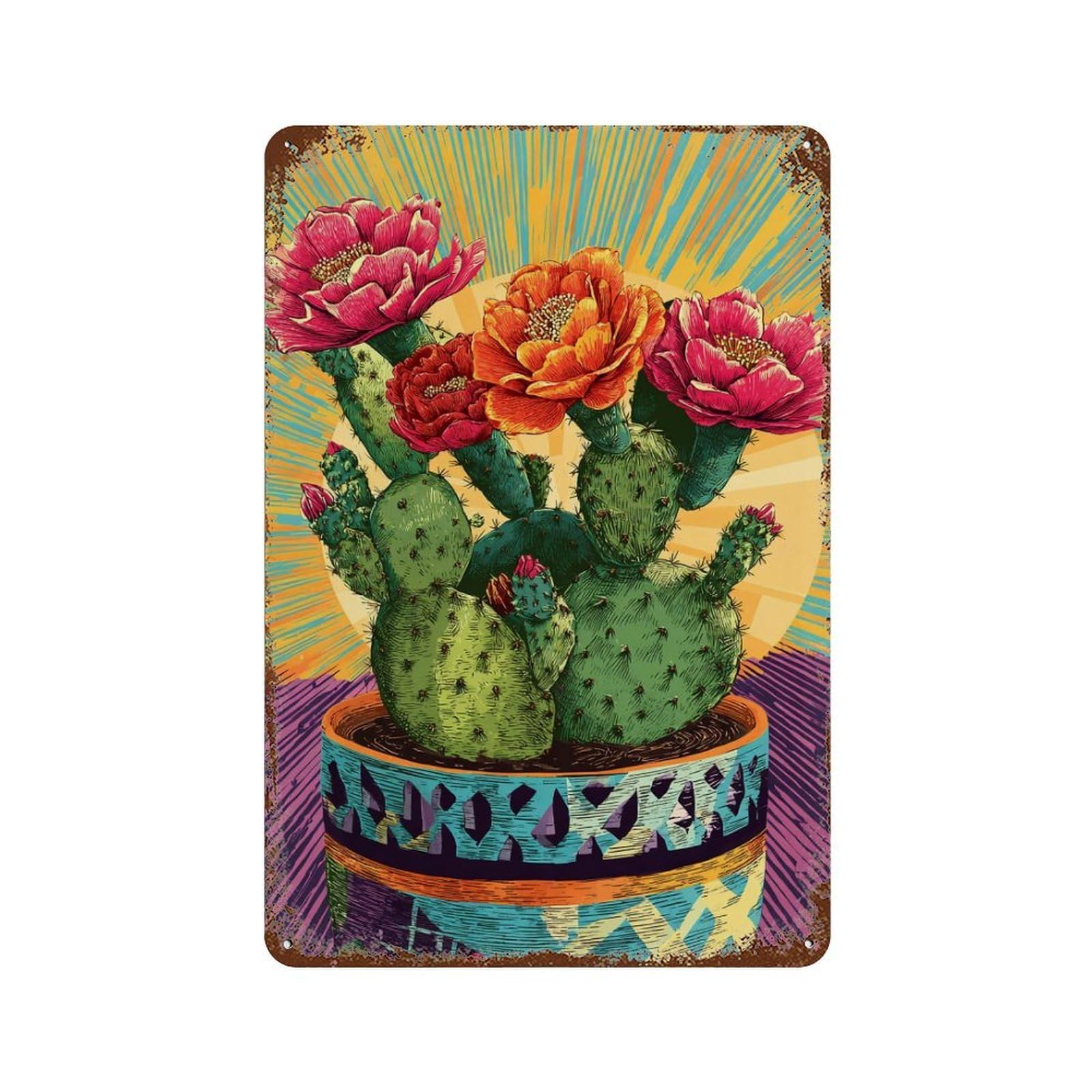 Rust Effect Tin Sign Colorful Cactus with Blooms 11.8"x7.9", Vintage Wall Decor for Basement, Hobby Room And Garage Decor