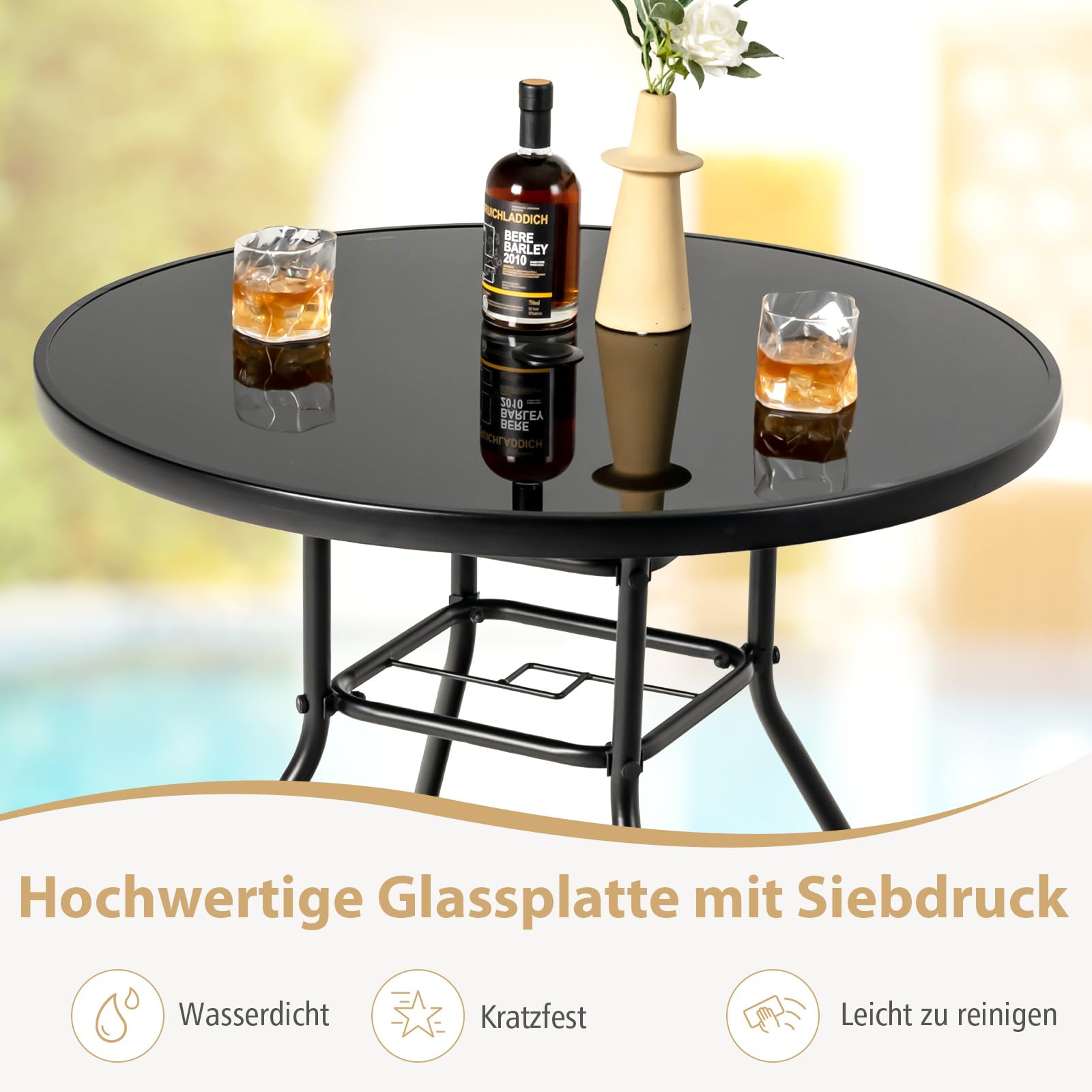 GOPLUS Gartentisch Metall, 86cm Beistelltisch Outdoor mit Glasplatt & 3,5cm Schirmloch, Balkontisch Terrassentisch wetterfest, Esstisch Bistrotisch Kaffeetisch für Garten Hof Terrasse Balkon Pool