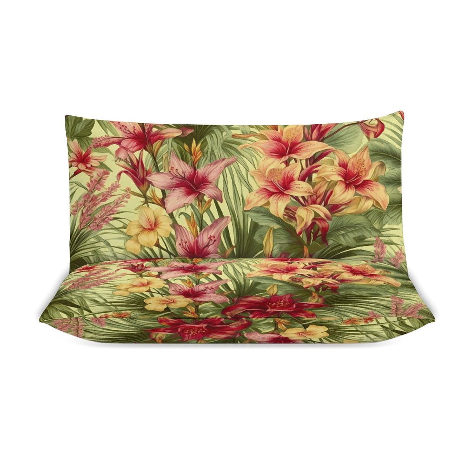 Set di biancheria da letto 3 pezzi, ultra morbido, con motivo floreale di palme tropicali + 2 federe, leggero copripiumino double-face per casa/hotel/regali, 228,6 x 228,6 cm