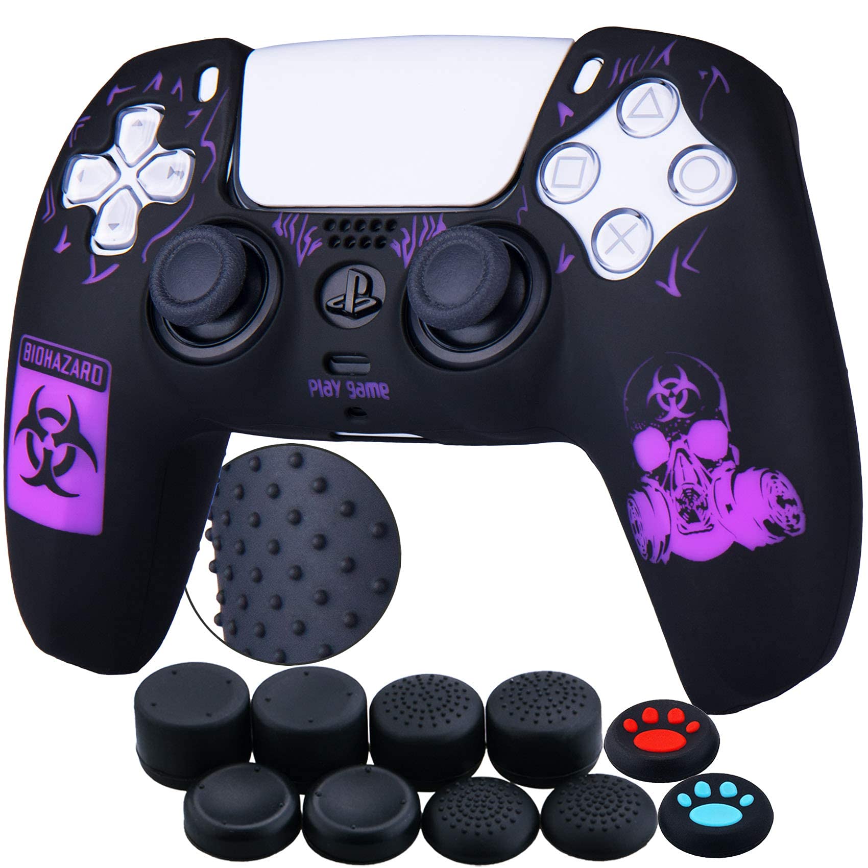 YoRHa Silicone Rubber Back Dots Carving Customizing Skin Cover for PlayStation 5 Controller PS5 Controller x 1(BH Purple) with Pro Thumb Grips x 10