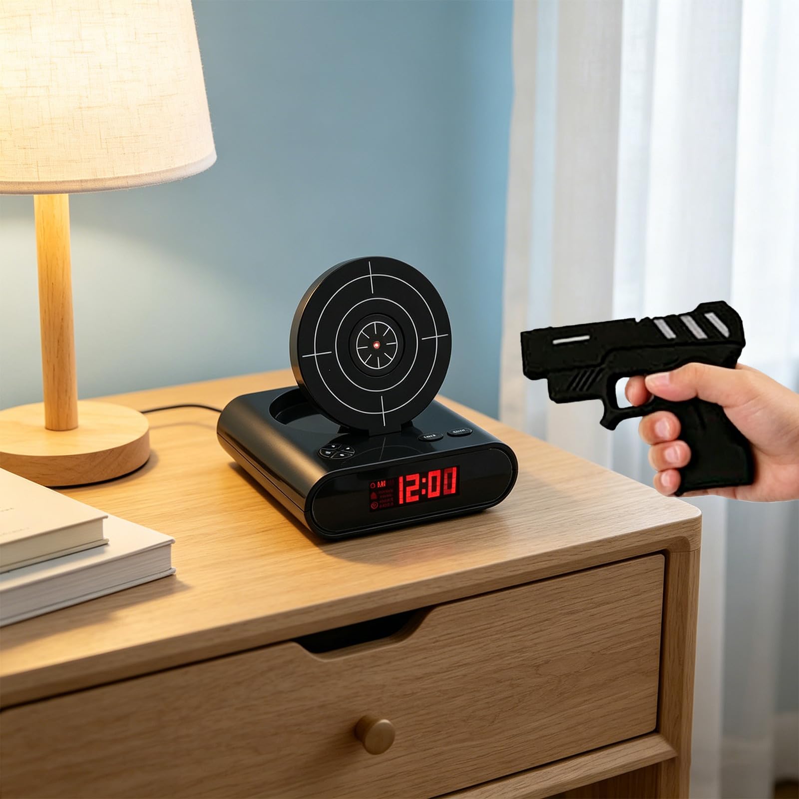 Reloj despertador con pistola y pantalla LED, reloj despertador personalizado, personalización de tonos de llamada, 2 modos de alarma para personas que duermen con mucha fuerza, novedad para niños y