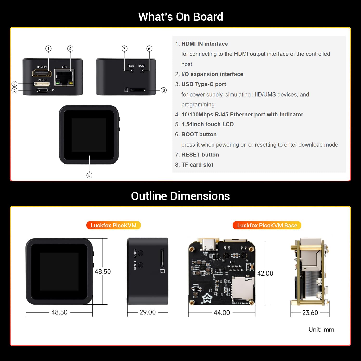 LUCKFOX PicoKVM with Metal Case and 1.54-Inch Touch Display - Remote IP KVM for Server/PC Management, HDMI Capture, HID Simulation, Low Latency Control