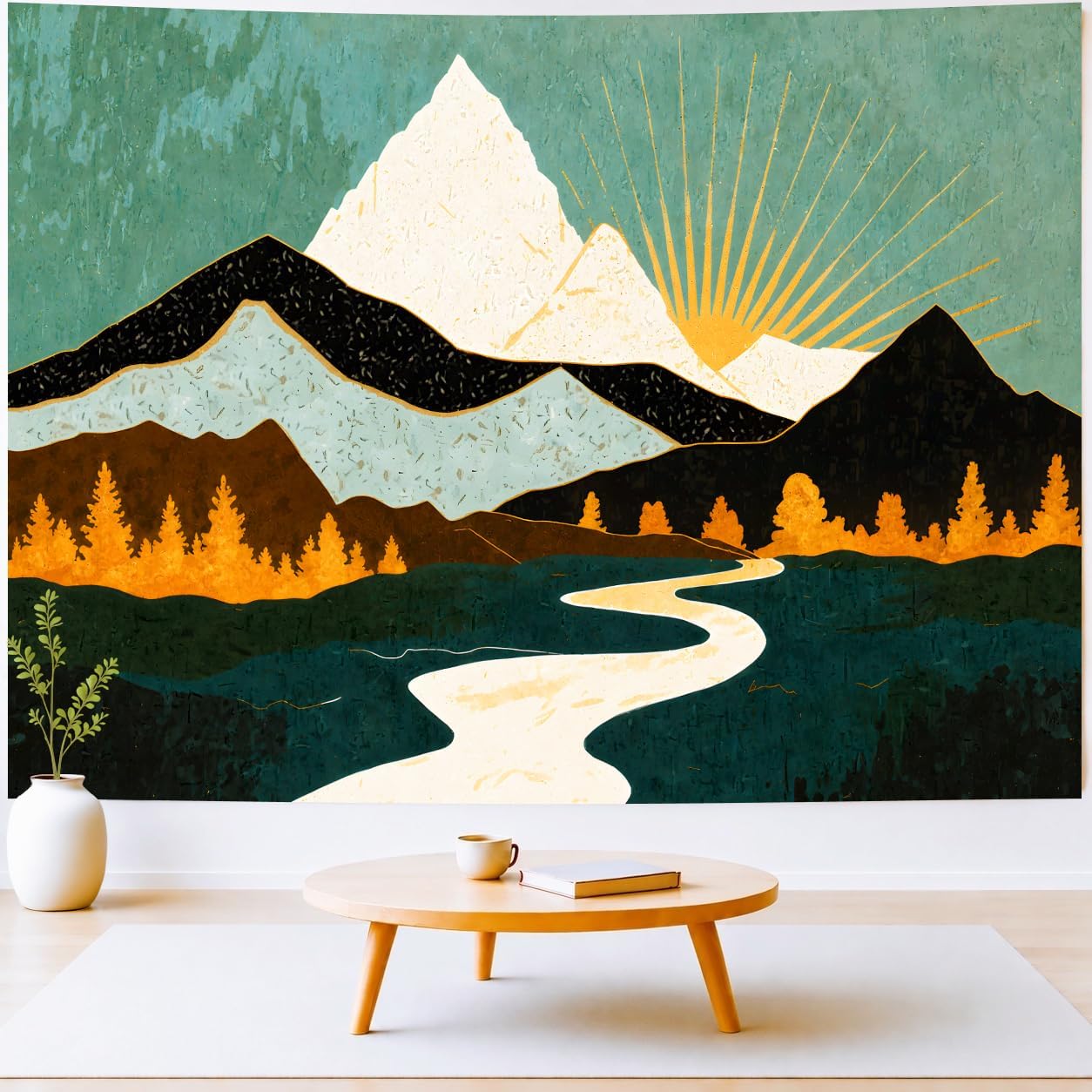 Delur Boho Mountain Tapestry Sunset Nature Forest Tree Landscape Wall Hanging Tapestry Sunrise Abstract Psychedelic Headboard for Bedroom Living Room Home Decor (59.1" x 78.7")