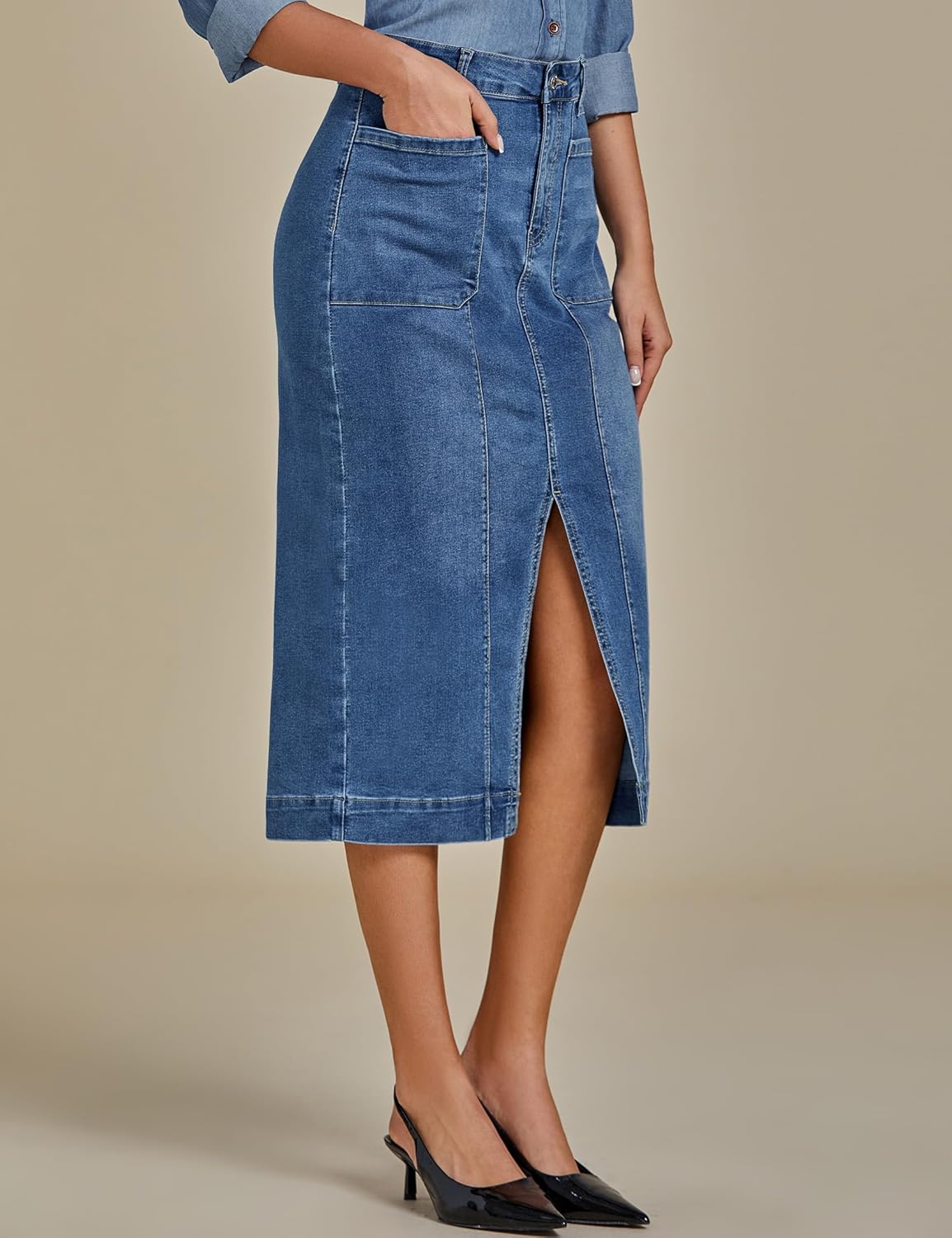 luvamia Jean Skirts for Women Denim Trendy Casual Stretchy High Waisted Midi Front Pockets Below Knee Skirt with Slit - Image 6
