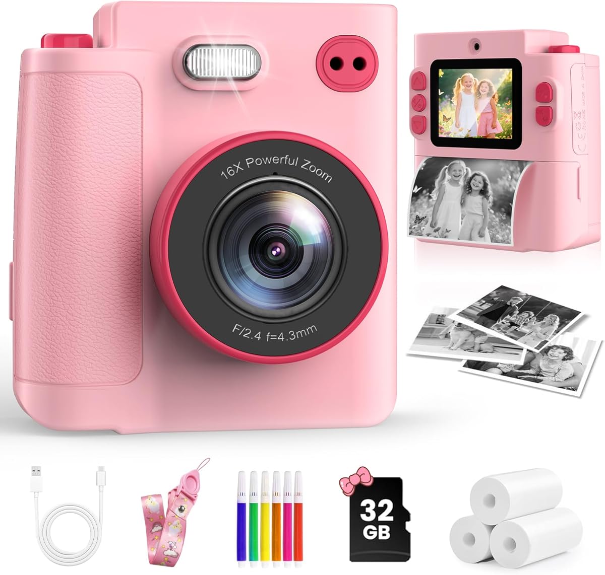 Kids Camera Instant Print, 1080P Instant Camera for Kids, Children Digital Cameras with 3 Rolls Photo Paper & 32GB Card, Christmas Birthday Gifts Toys for Boys & Girls Aged 3-12（Pink）