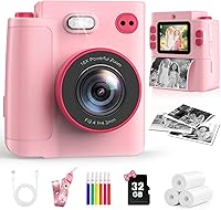 MystiLuck Kids Instant Print Camera 1080P HD Toy for Girls Boys 3-10, 32GB SD Card, Selfie Filters Games, Pink Travel Gift