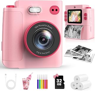 MystiLuck Kids Instant Print Camera 1080P HD Toy for Girls Boys 3-10, 32GB SD Card, Selfie Filters Games, Pink Travel Gift