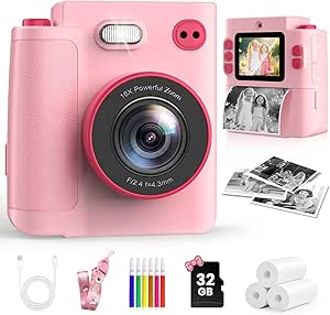 Kids Camera Instant Print, 1080P Instant Camera for Kids, Children Digital Cameras with 3 Rolls Photo Paper & 32GB Card, Christmas Birthday Gifts Toys for Boys & Girls Aged 3-12（Pink）
