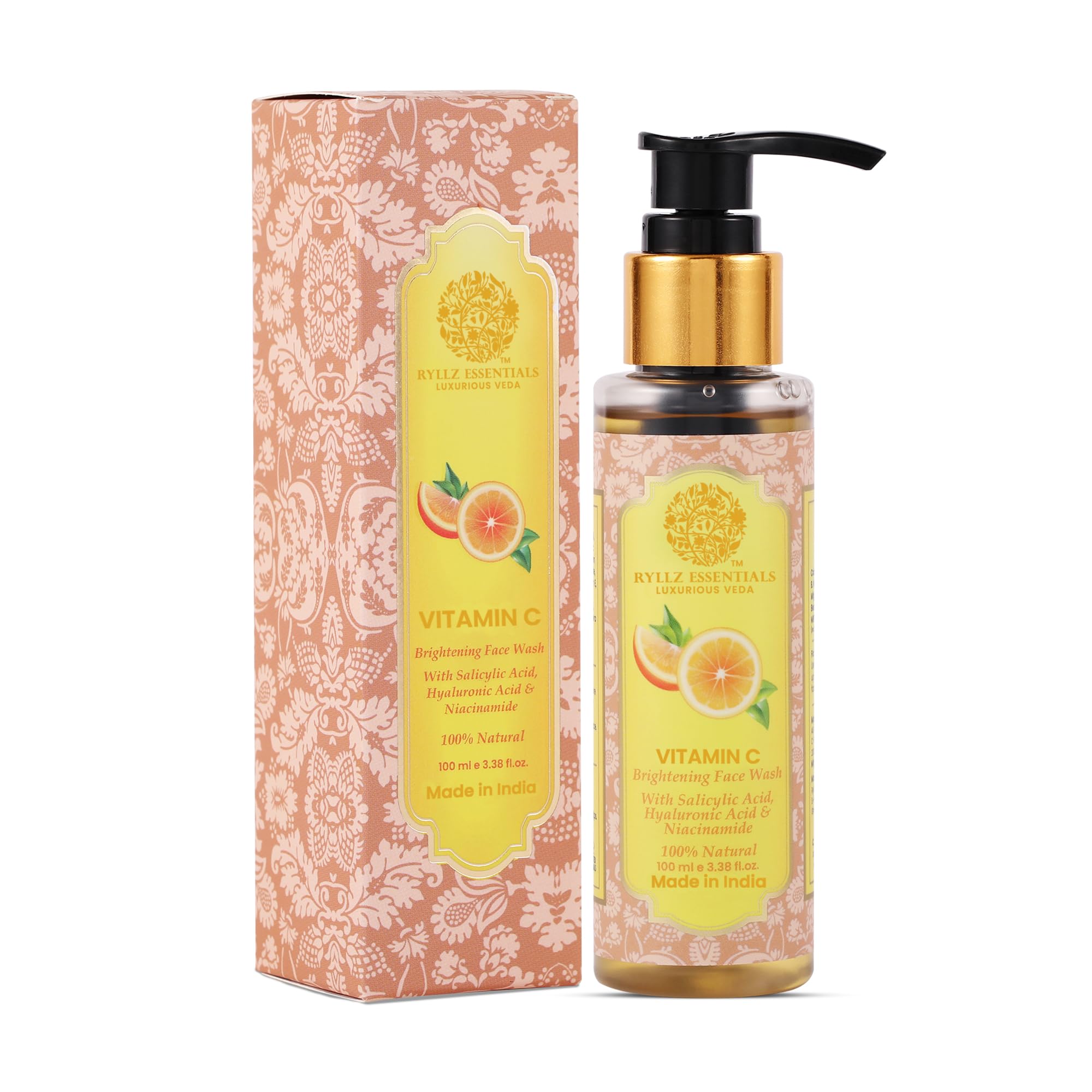 RYLLZ ESSENTIALS Vitamin C Face Wash | Skin Brightening with Stable & Effective Vitamin C, Salicylic Acid, Hyaluronic Acid & Niacinamide | For Glowing Skin, Dark Spots, Oil Control, Open Pores, Uneven & Dull Skin | 100 ml