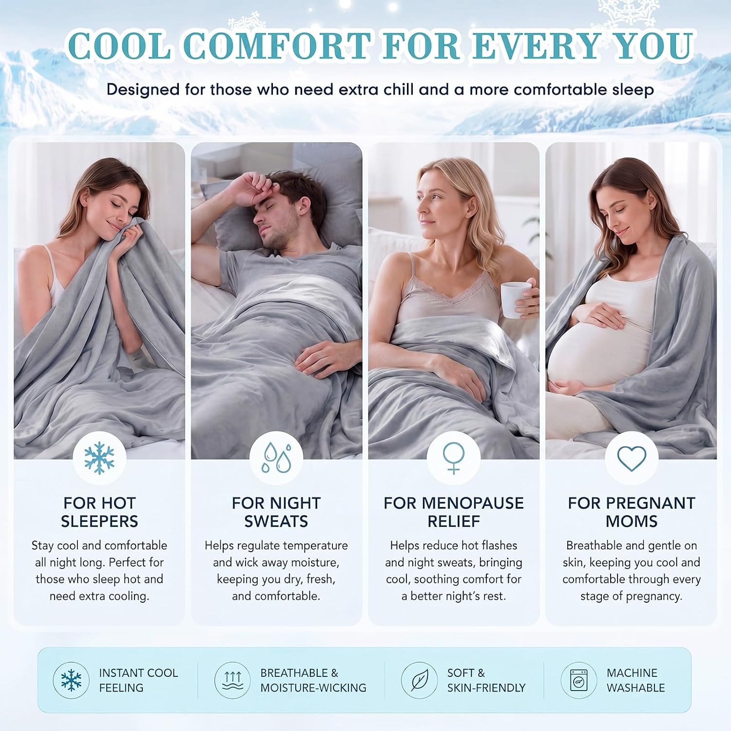 Newwiee Cooling Comforter Queen Size, Double Sided Cooling Blanket for Hot Sleepers Night Sweats, Lightweight Breathable Summer Quilt, Thin Cool Tech Fabric Bed Blanket(Grey)