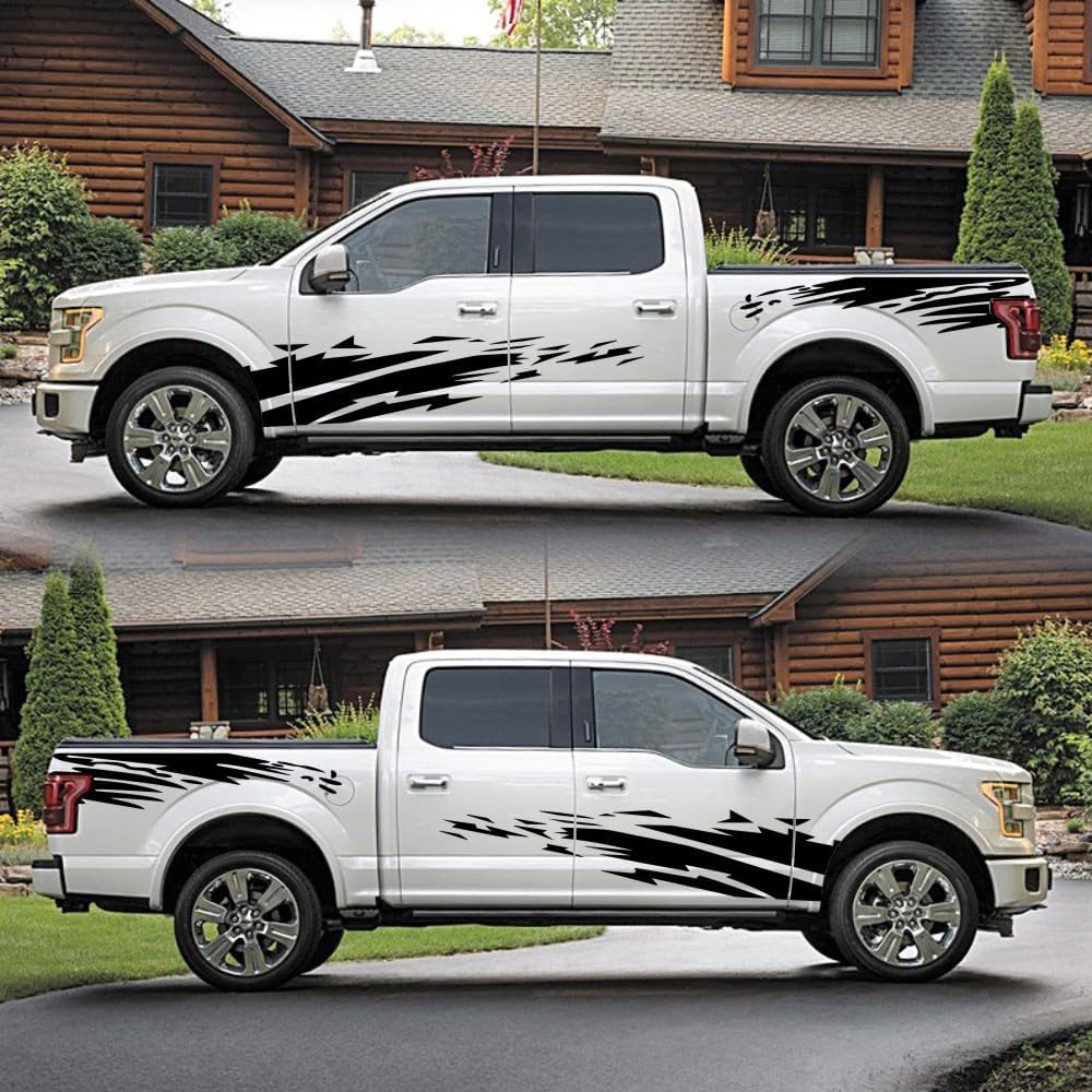 (4PCS) Striped Truck Sticker Bed Mud Splash Kit Racing Striped Rear Lathe Decal Vinyl Trim Accessories Waterproof Door Body Side Decal Trim for Truck Pickup SUV Vehicles (Black)