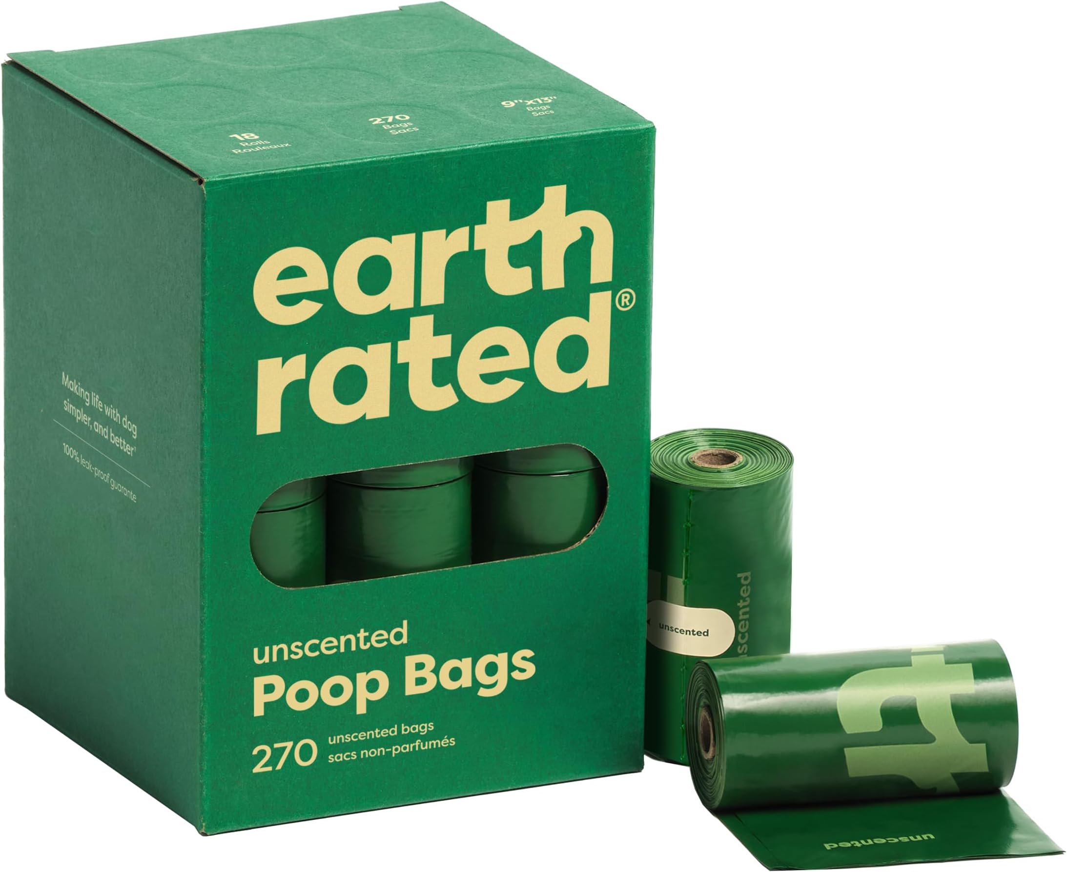 Earth Rated Poop Bags for Dogs, Guaranteed Leak Proof and Extra Thick Waste Bag Refill Rolls, Unscented, 270 Bags