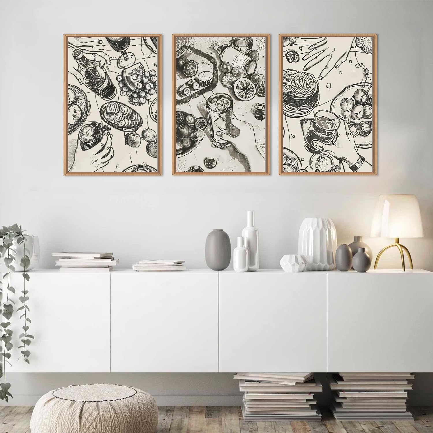 lianyibo Duży obraz na płótnie w stylu retro, obrazy ścienne w stylu połowy wieku na temat "Spotkania i kolacja" do kuchni i jadalni (60 x 90 cm x 3 / rama wewnętrzna)