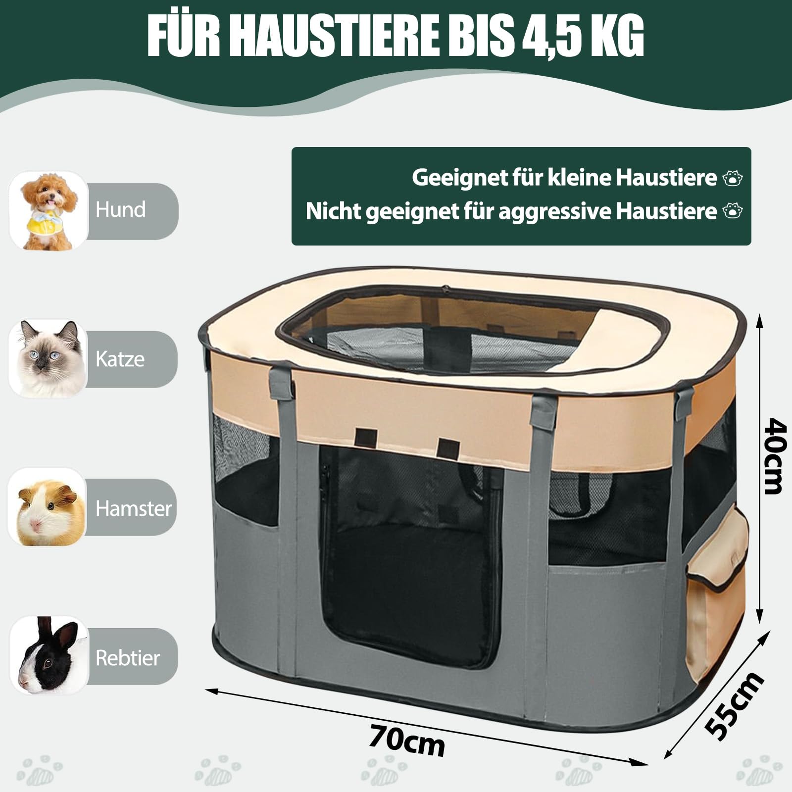 Welpenauslauf Faltbare Hundebox - 70×55×40 cm Welpenlaufstall Faltbare hundezelt Katzengehege für Drinnen, Outdoor Hundekäfig Hundezelt Kaninchen Laufstall Katze Hund Katzenzelt Kleintiergehege