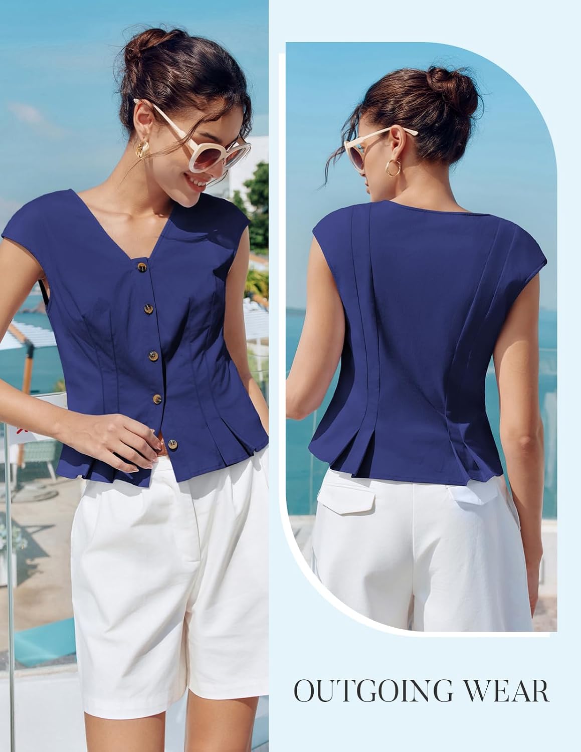 Kate Kasin Women's Cap Sleeve Button Down Crop Top - Slim Fit Work Shirt — view 5