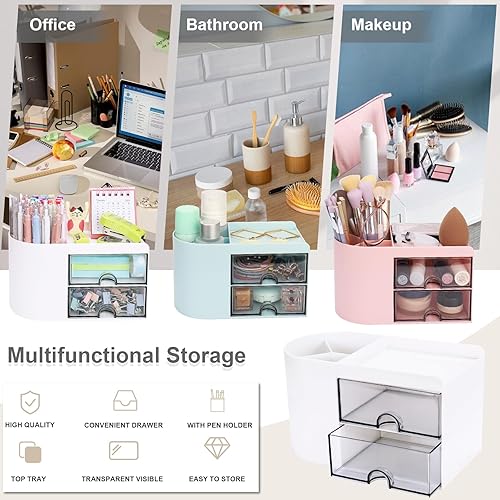 Miniatura 4 de Meiikun Organizador de escritorio multifuncional, soporte de plástico para bolígrafos con 2 cajones, 3 compartimentos y una bandeja superior,