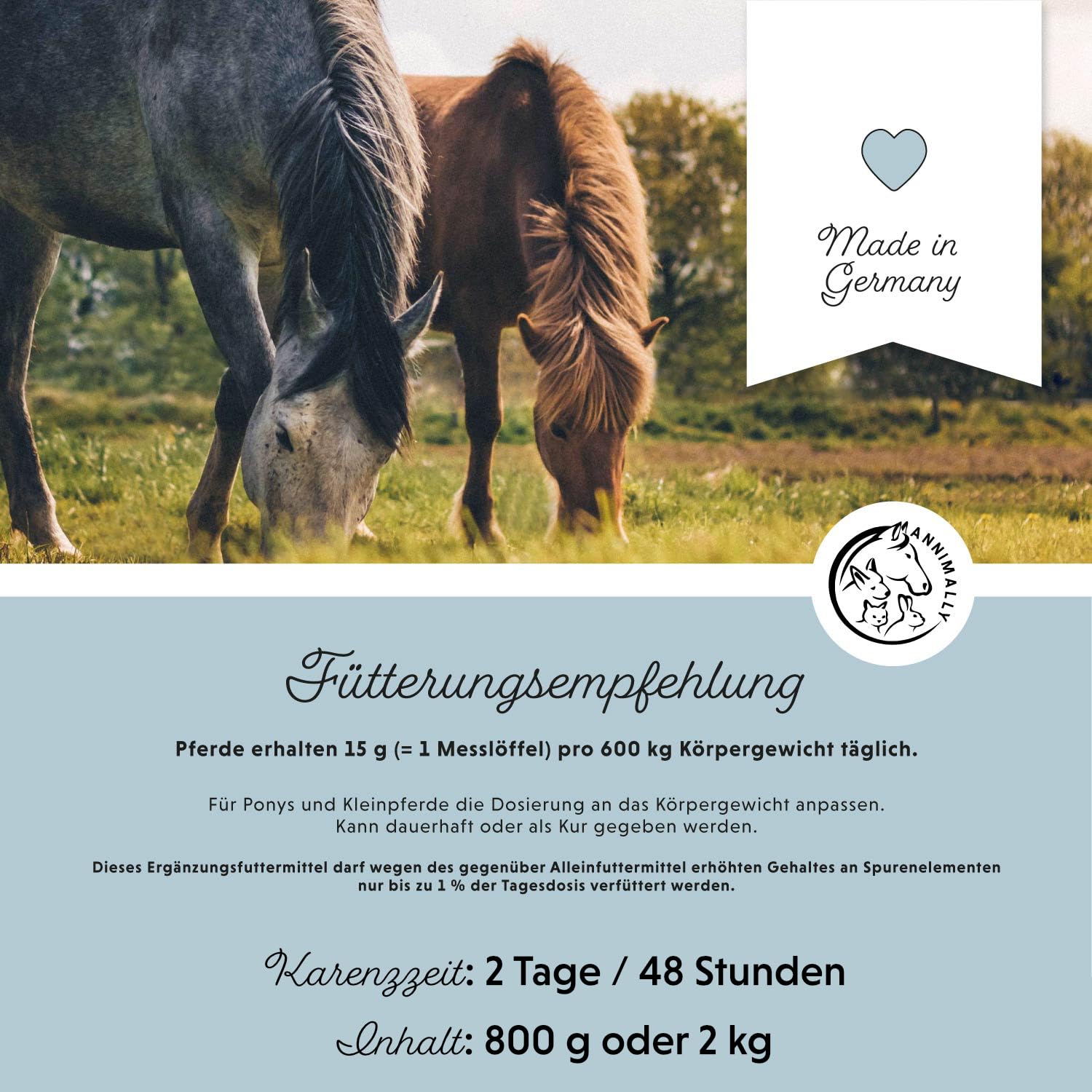 Annimally Selen, Vitamin E, Lysin Pulver für Pferde 800g - Pferd Vitamin E, Lysin, Selen Komplex zur Unterstützung der Muskulatur & Leistung - Ergänzungsfuttermittel für Pferde und Ponys