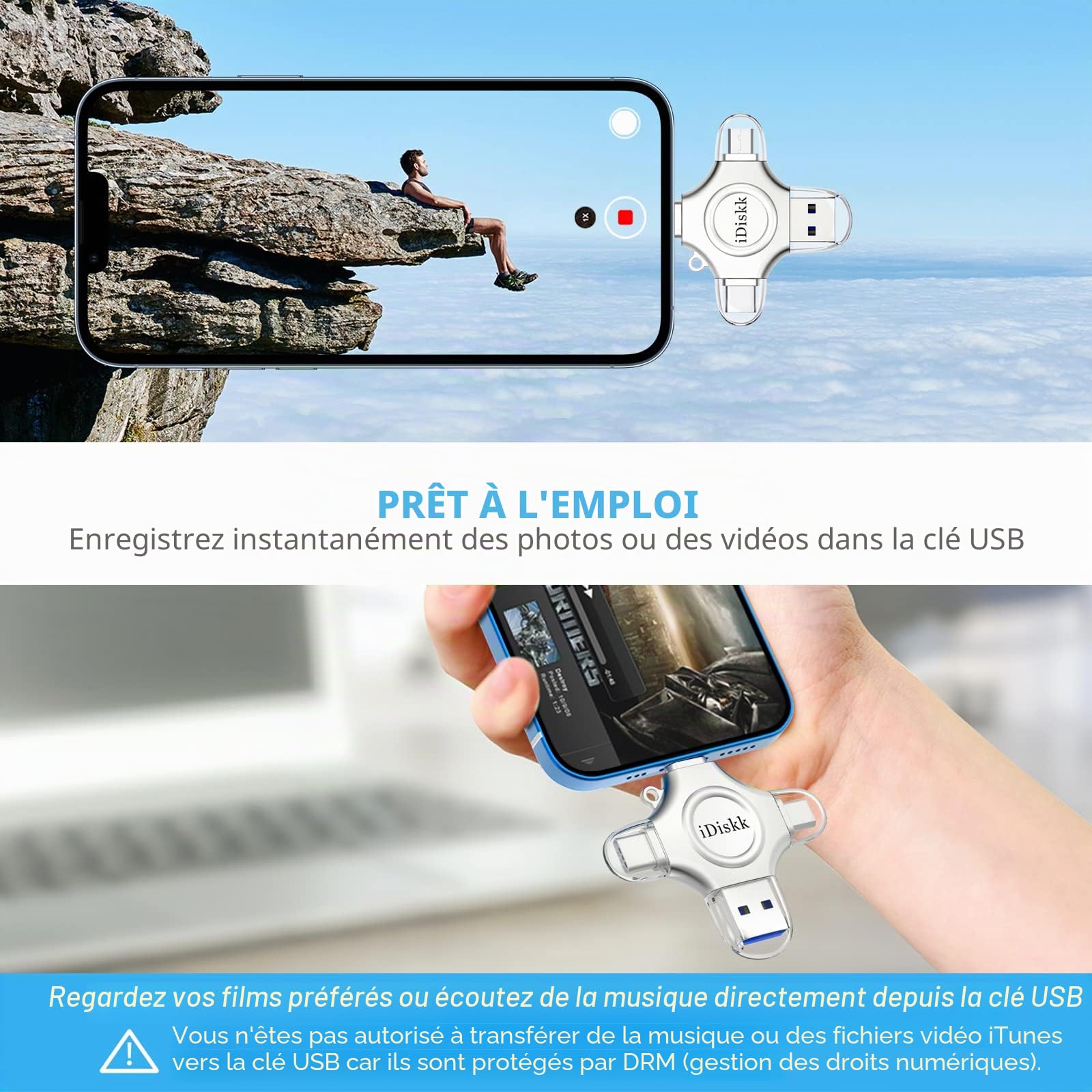 IDiskk 256G Lightning cle USB pour iPhone MFI Certified iPhone Memory Drive Stockage iPhone Travailler avec Les appareils USB-C, Derniers iOS, téléphones Android et PC